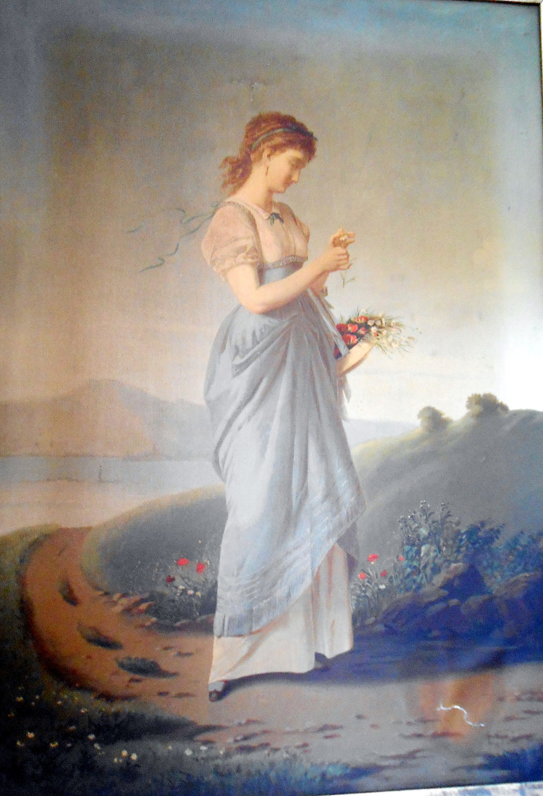 RARE Large 1870 Colton Zahm & Roberts Chromo on Canvas "He Loves Me a