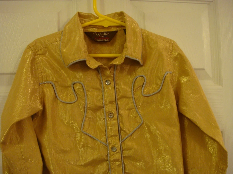 CAMISA DE VESTIR WESTERN WALLS NIÑAS ORO BRILLO PLATA RIBETE ESTRÁS BROCHES DE PRESIÓN TALLA 6 S Foto 2 de 4