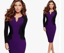 Colorblock LS Purple Pencil Dress Bodycon Slim Black Ruffle Waist Woman Sz M NWT