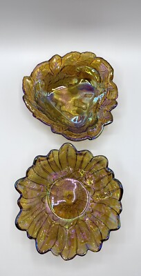 2 Indiana Glass USA Glas Schälchen Schalen Bernsteinfarben Irisierend Glaskunst