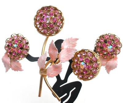 Pink Flower Rhinestone & Enamel Brooch Pin & Earrings Floral  display picture 1