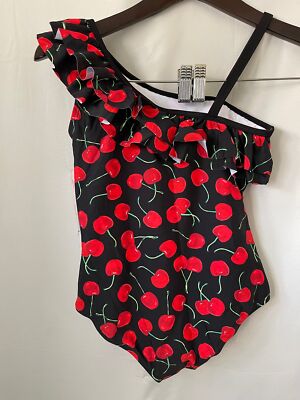 KANU Surf Girls Black/Red Cherries Patterned Ruffle Top One-Piece