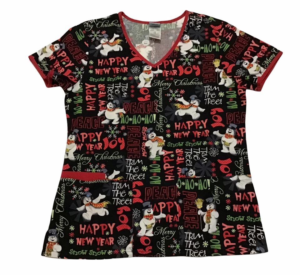 Frosty The Snowman Womens Size XS Black Christmas Scrub Top Medical Uniform - Image 3 of 4