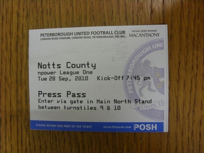 28.09.2010 Ticket: Peterborough United gegen Notts County [Presseausweis] . Bobfrankand