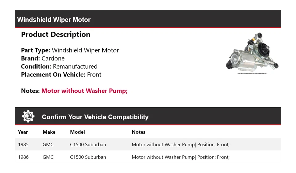 For 1985-1986 GMC C1500 Suburban Windshield Wiper Motor Front Cardone - Image 2 of 4