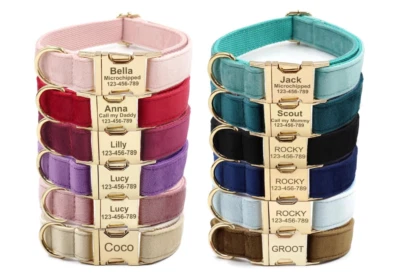 HANDMADE Personalized Velvet Dog Collar Custom Pet Name Engraving Puppy Collar with Name