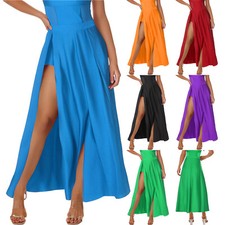 Womens Full Circle Slit Dance Skirt Ankle Length Satin Swing Skirt Long Skirt