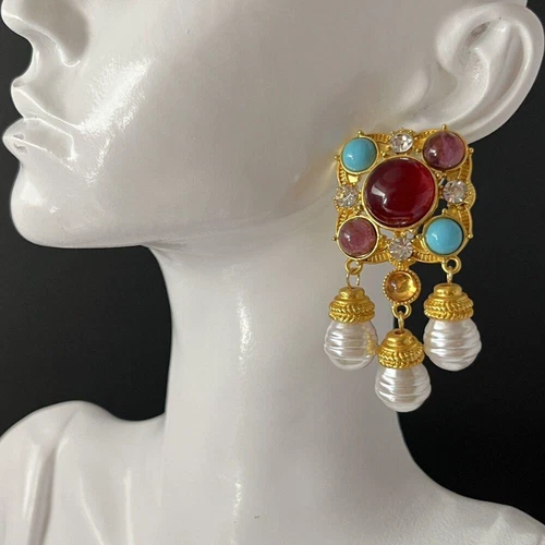 Dangle Earrings Matte Gold Faux Pearl Turquoise Pierced