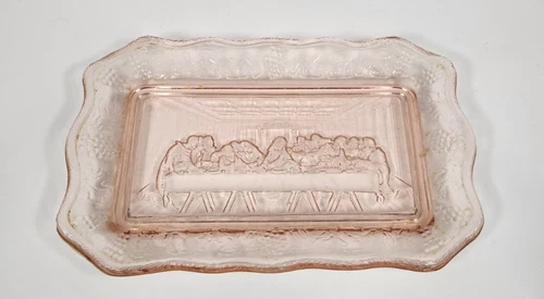 The Last Supper Vintage Tiara Indiana Glass Bread Plate Tray Pink 11" x 7"