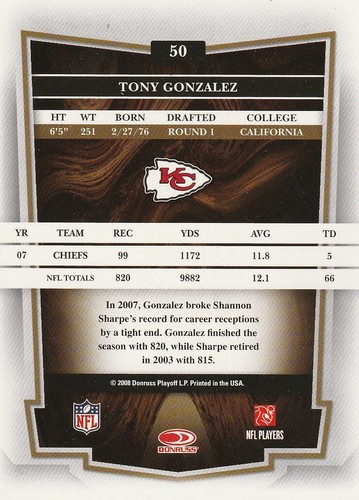 2008 Tony Gonzalez Donruss Classics Football #50 Chiefs Falcons - Picture 2 of 2