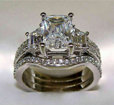 3Ct Radiant Cut Lab Created Diamond Engagement Trio Ring Set 14K White Gold Over