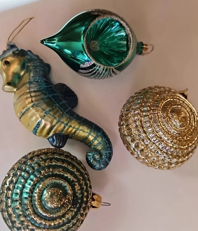 Vintage Teal Gold Color Seahorse, Ball Glass Christmas Ornaments Lot Of 4 Decor - Изображение 2 из 4
