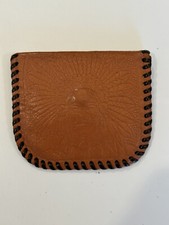 VINTAGE TOOLED LEATHER COIN PURSE INDIAN CHIEF INCISED SNAP CLOSE 3" x 2 3/4"