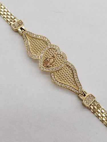 real 14k Yellow rose gold heart virgin Mary guadalupe bracelet adjustable size - Picture 8 of 11