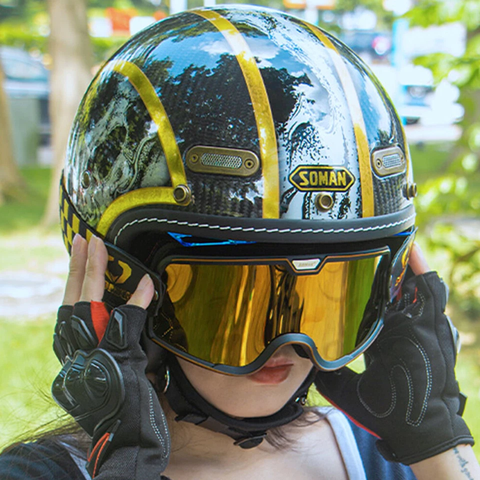 Casco de motocicleta retro de fibra de carbono Café Racer 3/4 cara abierta Casco Moto unisex Foto 3 de 4