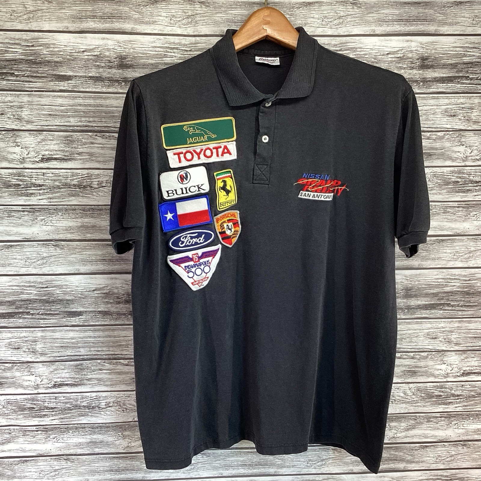 Vintage Nissan Grand Prix IV Shirt Mens XL Black San Antonio Racing Polo Patches