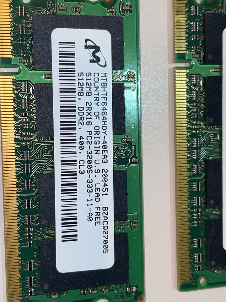 MICRON  512MB 2RX16 PC-2-3200s DDR2-400 SODIMM x2 (1GB Total) Laptop Memory/RAM - Image 3 of 4
