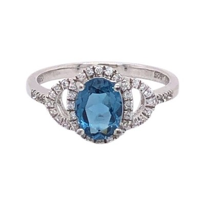 925 Sterlingsilber natürlicher London Blautopas weißer Zirkon Heiligenschein Ring für Frauen