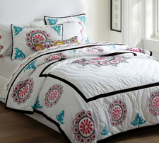 NEW POTTERY BARN PINK/POOL FLORAL MEDALLION TWIN COMFORTER  STANDARD SHAM SET