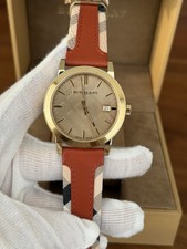 NEW BURBERRY 'THE CITY ' BU9016 GOLD/CHAMPAGNE/ORANGE LEATHER UNISEX WATCH