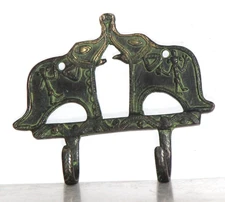 Antique Brass Elephant Shape 2 Hook Door Key Hanger Engraved Wall Decor Old