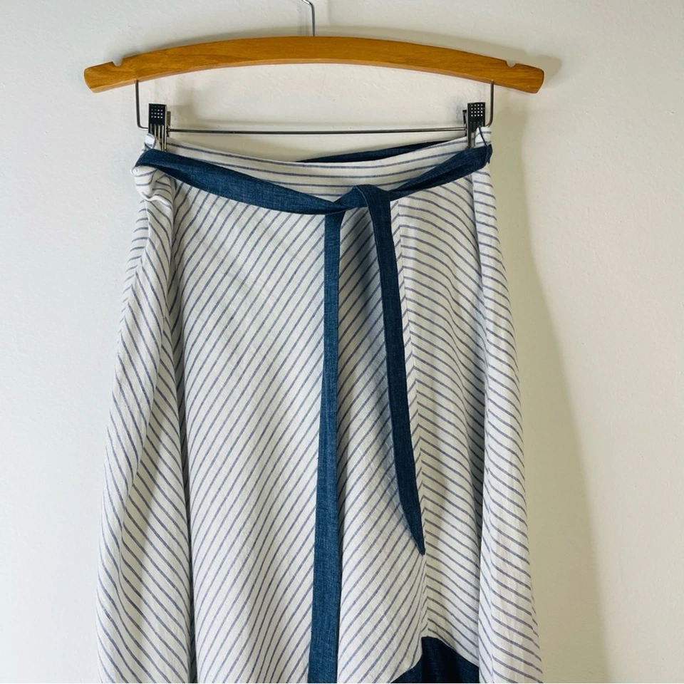 DKNY Blanco Azul Lino Rayas Asimétrico Costero Preppy Midi Falda 8 Foto 2 de 4