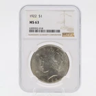 1922 Peace Silver Dollar MS 63 NGC 90% Silver Philadelphia