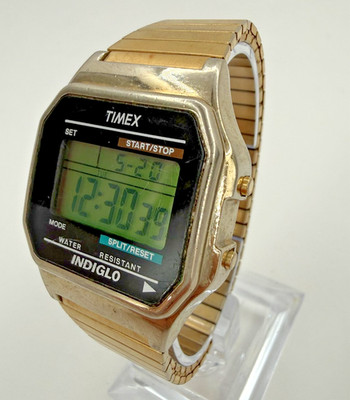 Timex Indiglo Digital Gold Tone Expansion Bracelet Watch Start Stop Date
