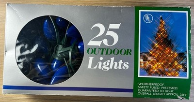 Vintage Foremost Industries 25 Outdoor Blue Christmas Lights Weatherproof w/ Box