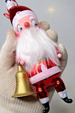 Vintage Glass SANTA w Gold BELL Figurine Christmas Ornament De Carlini Italy