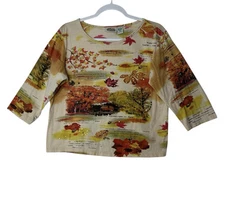 Collections Etc Top Women Medium Fall Floral Sequin Blouse  Artsy Leaves Stretch