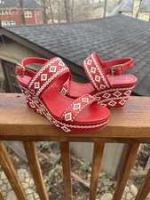 Tory Burch Reena Tribal Platform Wedge Sandals Leather Red White Women’s Sz 6.5
