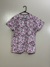 Green Town Hearts Print V-Neck Short Sleeve Medical Scrub Top L     C87