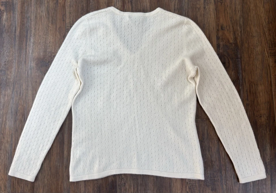Suéter Lands' End Mujer M 100% Cachemira Pointelle Femenino Cuello en V Crema Lujo Foto 3 de 4