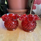 Vintage Fenton 3” Cranberry Red Hobnail Ruffled Rim Vase Amberina Glows Set Of 2