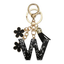 Alphabet Initial Letter Keychain Cute Charm with Tassel Flower Letter W Black