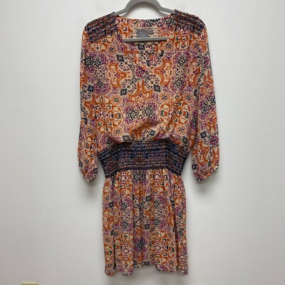 Vanessa Virginia Womens Purple Orange Floral 3/4 Sleeve Smocked Waist Dress L