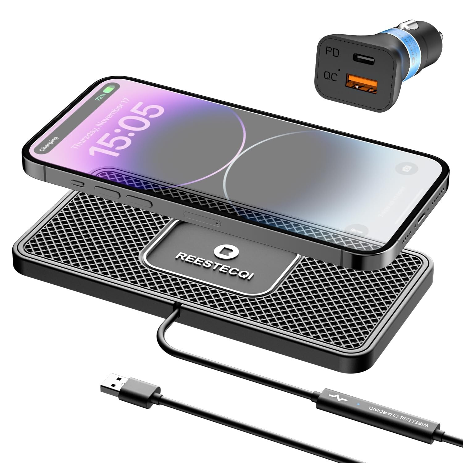 REESTECQI 15W Wireless Car Charger Pad Non-Slip Fast Charging