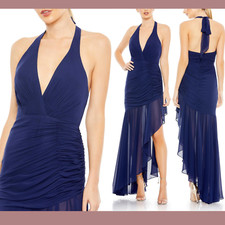 NWT $298 IEENA Mac Duggal [ 14 ] Asymmetrical Ruffle Hem Halter Gown Navy #Q748