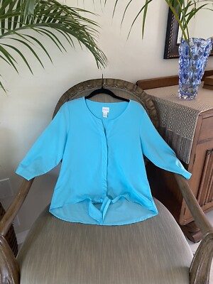EUC Chicos 0 Scoop Neck 3/4 Sleeve Tie Front Button Down Hi Low Tunic Aqua Blue