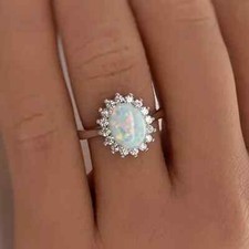 Elegant 925 Sterling Silver Rainbow Opal Charms Engagement Wedding Ring Size 7.5