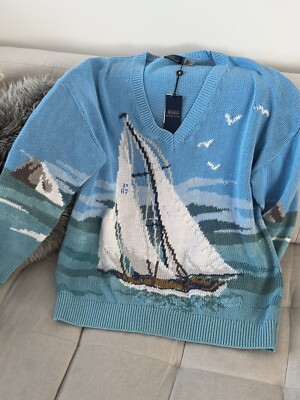 Polo RALPH LAUREN BOOT PULLOVER Scenic Sail Leinen blau Strick Regatta Gr. L Large