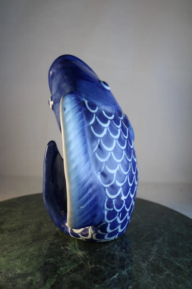 Vintage Blue WhiteChinoiserie Chinese Koi Fish Hand Painted 8" Tall Vase - Image 3 of 4