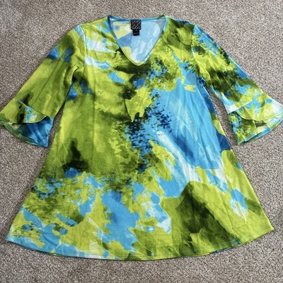 Clara Sun Woo Blue Green Abstract Print Mesh Knit Tunic Top XS 3/4 Sleeve