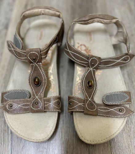 Aetrex Lori Sandals Brown Leather Cork Wedge T-Strap Comfort Beaded Size 8.5 US - Picture 2 of 11