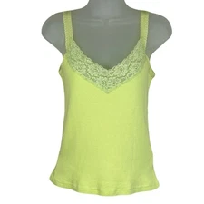 Sigrid Olsen Women Y2k Tank Top Cami Size M Lace Beads Ribbed Cotton Lime Green