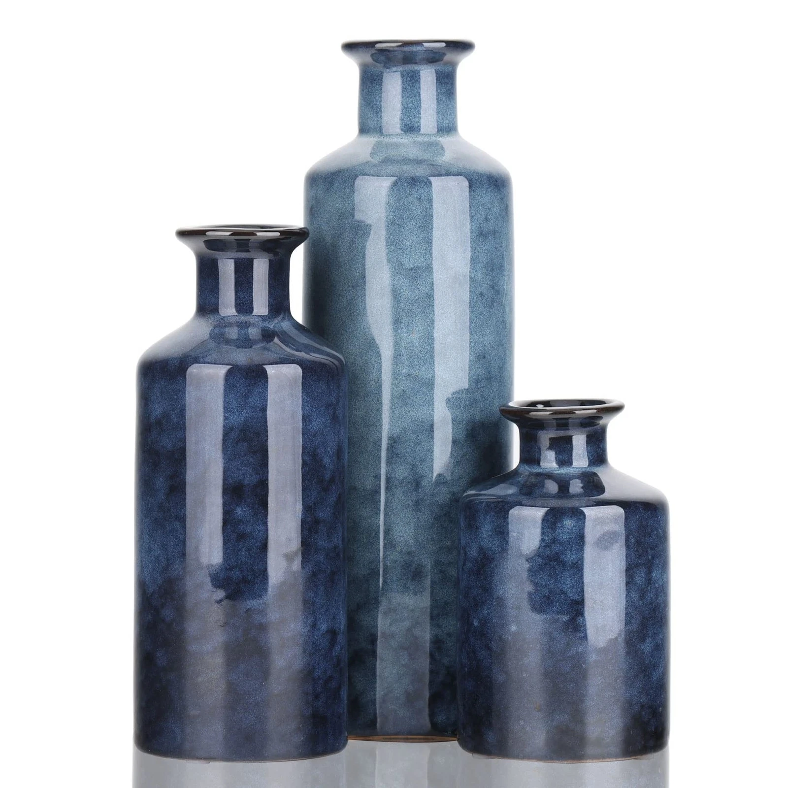 Blue Ceramic Vase Set - 3 Blue Small Vases, Farmhouse Country Flower Vase Hom...