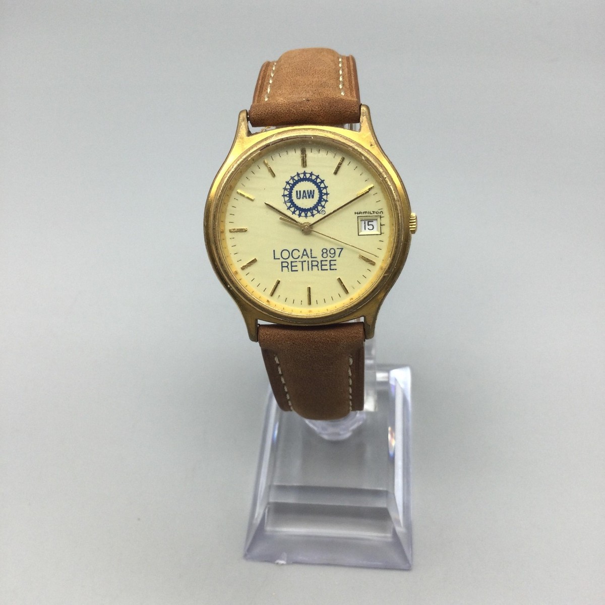 Vintage Hamilton Mens Watch 34mm UAW Local 897 Retiree Gold Tone