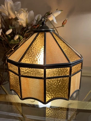 Vintage 70's Leaded Slag Stained Glass Hanging Tiffany  Style Swag Light Lamp
