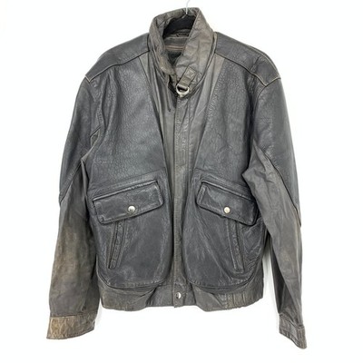 Vintage Leather Jacket Mens Sz 44 Distressed Black Moto Bomber